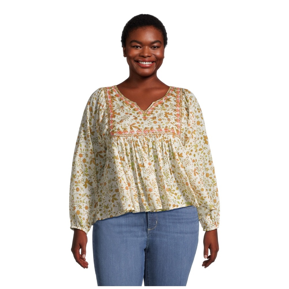 World Market Sm/M Boho Floral Blouse - Cream and Orange